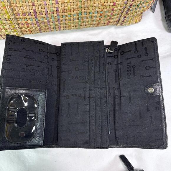 Fossil Hand Bag Lot 2 Bags And 3 Wallets Black Brown Leather Woven READ As Is - Picture 13 of 14
